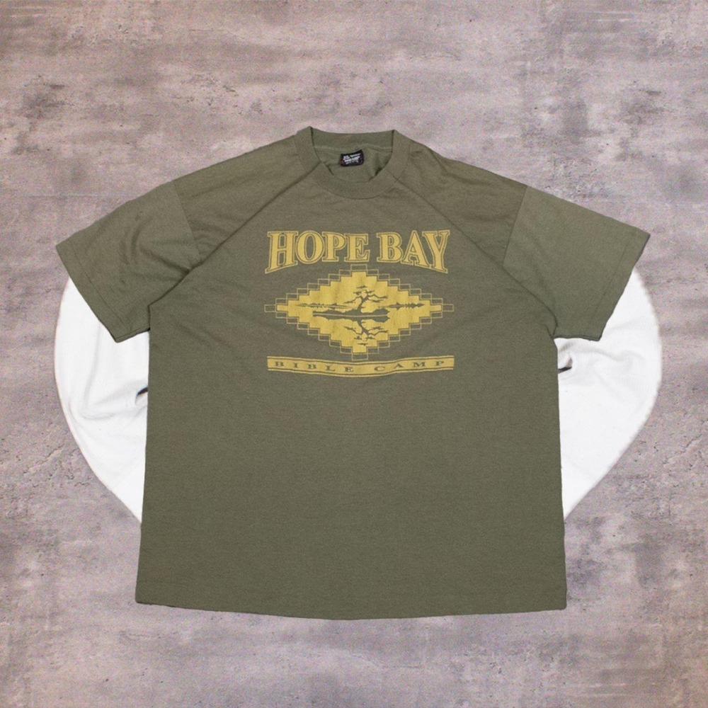 Vintage 1990's Hope Bay Bible Religious Single Stitch Faded Olive T-Shirt Tee